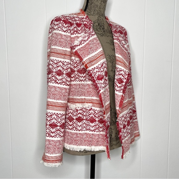 Ann Taylor LOFT Multi Pattern Textured Fringe Boho Open Blazer - Picture 3 of 8